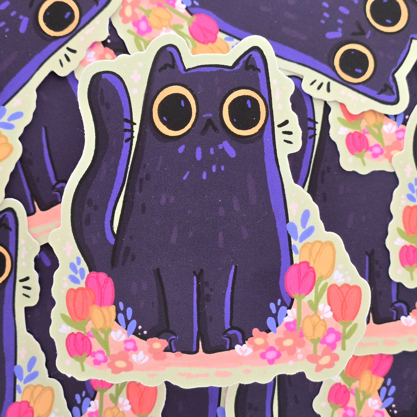 Floral Black Cat - Matte Vinyl Sticker