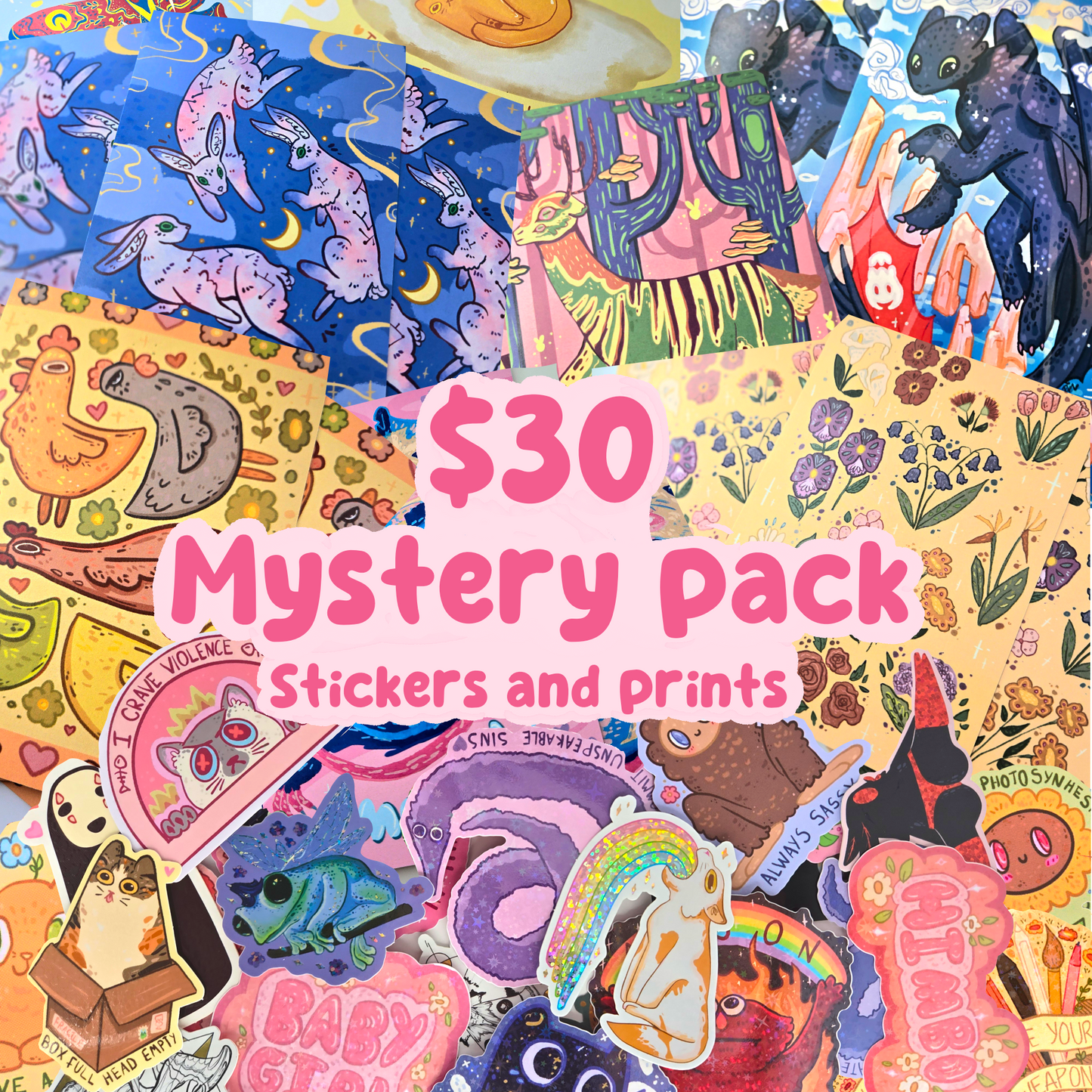 $30 Sticker and Print Mystery Pack - Vinyl Stickers and A6 Prints